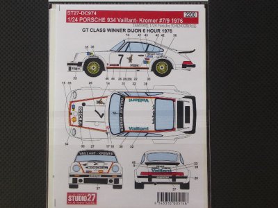 画像2: STUDIO27【DC-974】1/24 PORSCHE 934"Veillant Klemer"#7/9 '1976 Decal（T社対応）