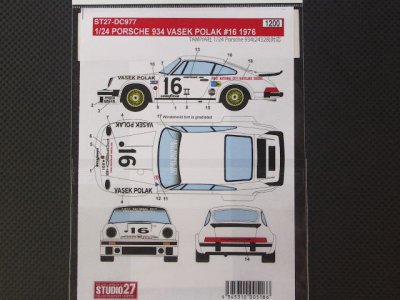 画像2: STUDIO27【DC-977】1/24 PORSCHE 934"VASEK POLAK"#16 '1976 Decal（T社対応）