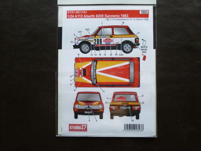 画像2: STUDIO27【DC-1151】1/24 A112 Abarth #208 Sanremo 1983 Decal