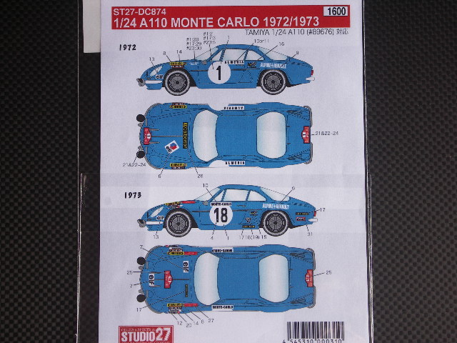 画像: STUDIO27【DC-874】1/24 ALPINE A110 MONTE 1972/73 Decal